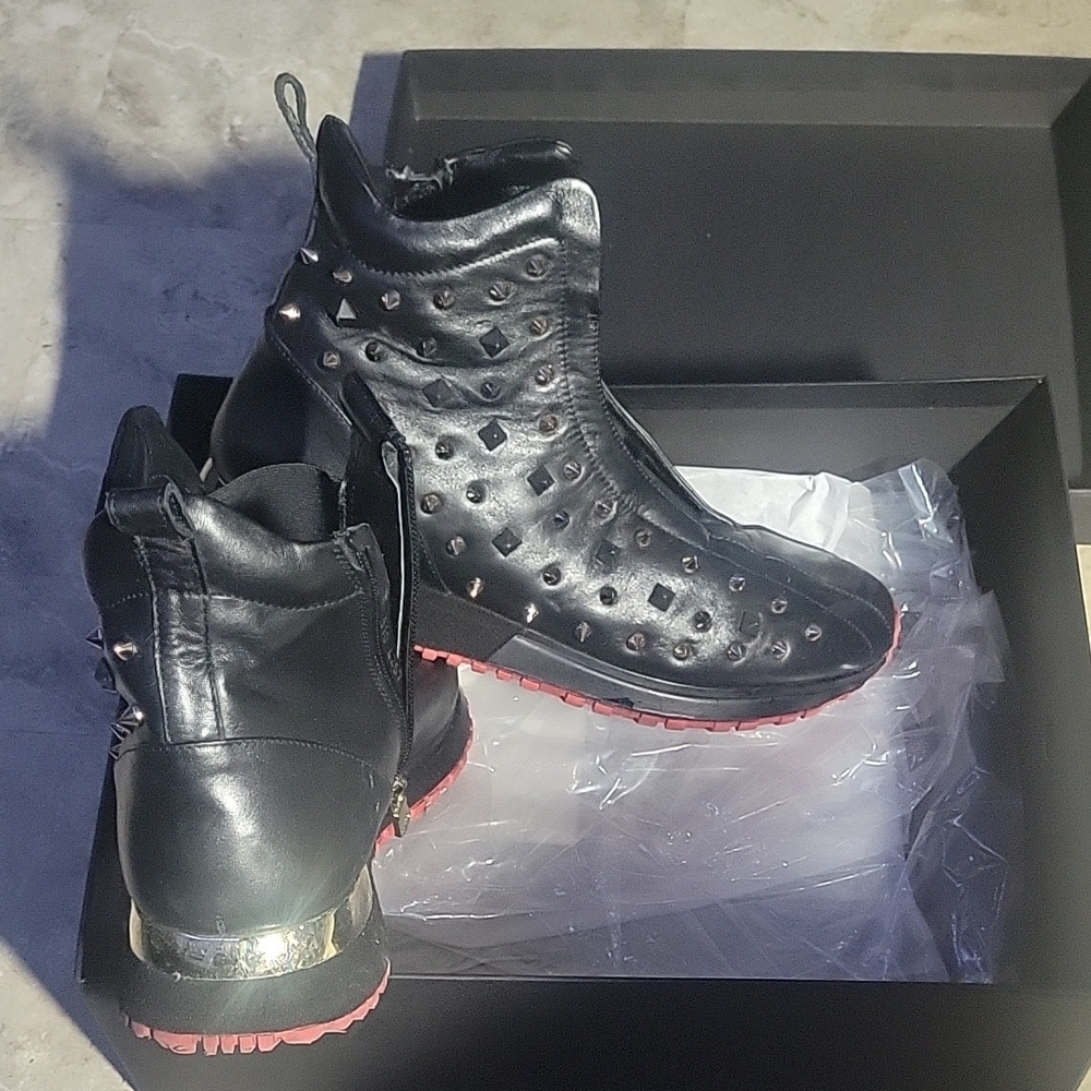 Black Studded High-Top Sneakers with Red Soles